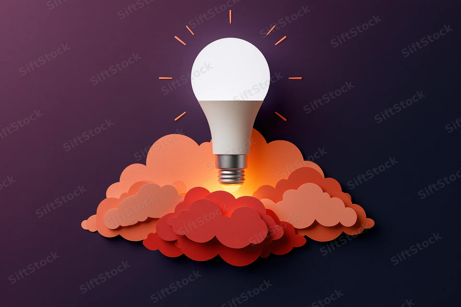 Glowing lightbulb rising above layered paper clouds on dark gradient background