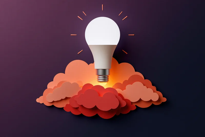Glowing lightbulb rising above layered paper clouds on dark gradient background