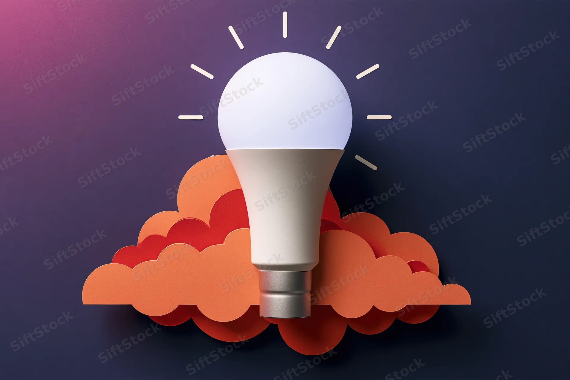 White led lightbulb launching upward from orange cloud against purple gradient background