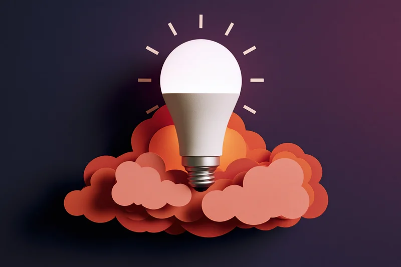 Glowing lightbulb emerging from layered orange clouds against dark gradient background