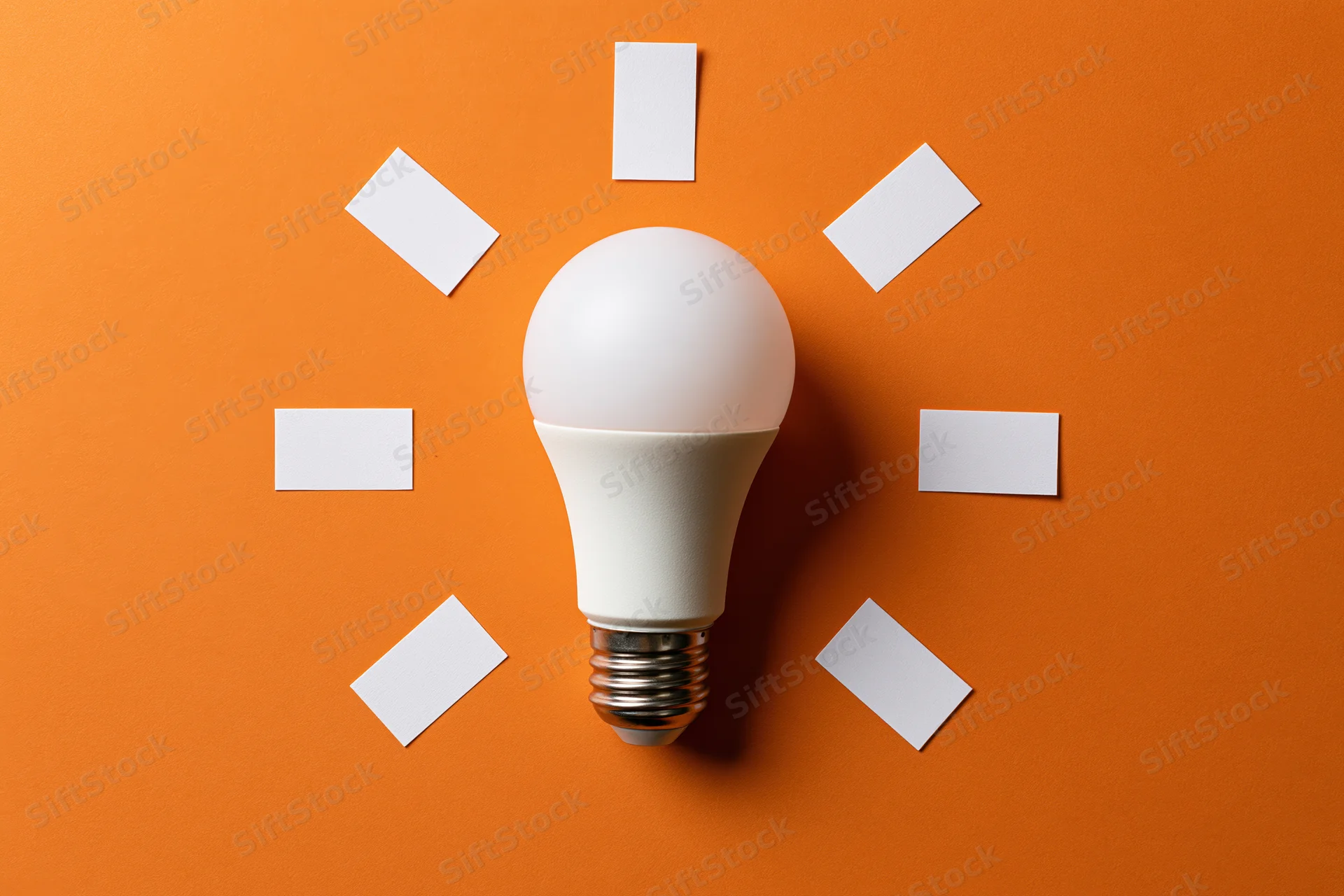 White led lightbulb centered on orange paper with white cards arranged around it in a sunburst pattern