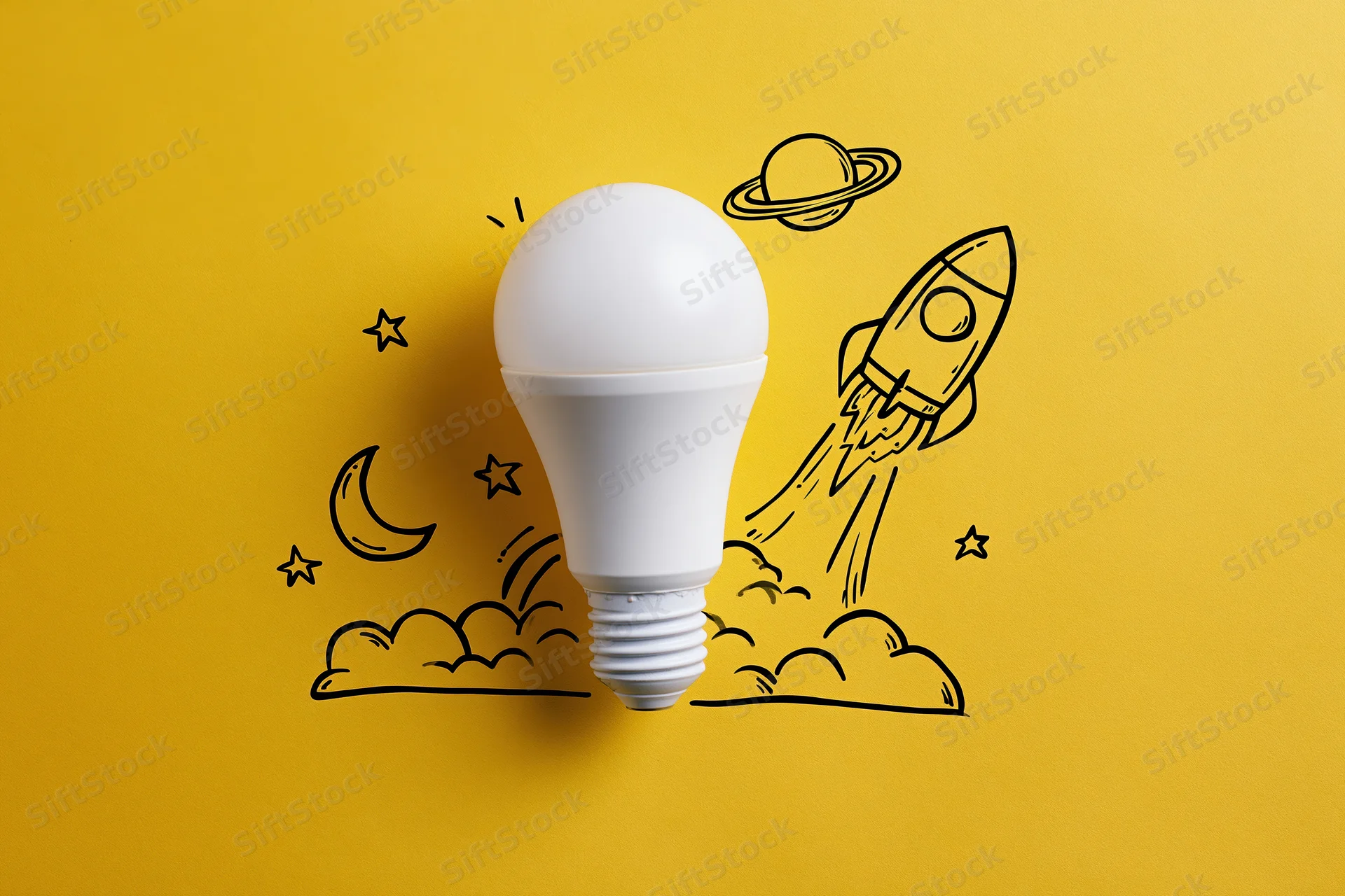 White led lightbulb on yellow background with hand-drawn rocket and space elements
