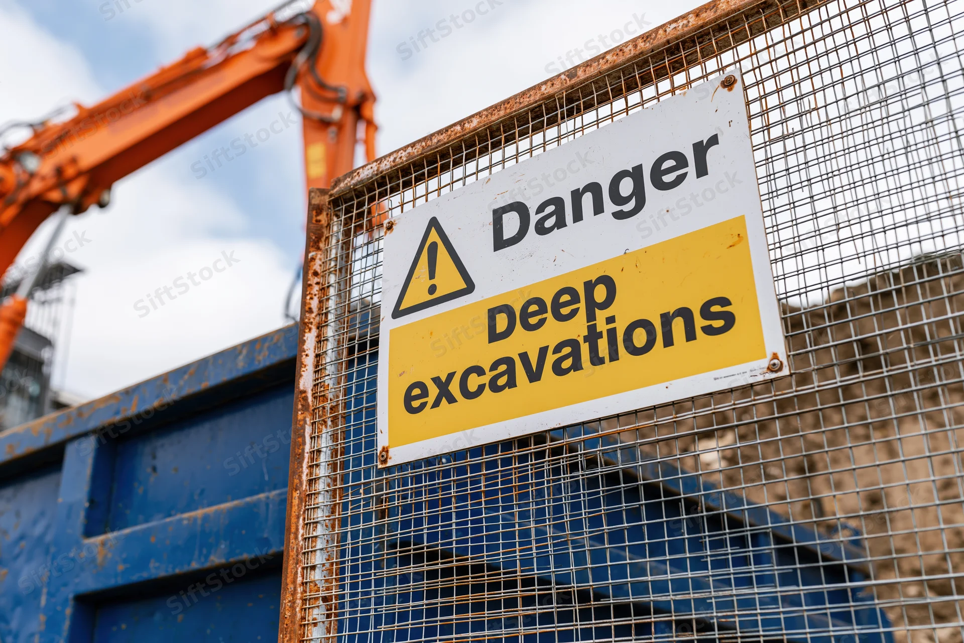 Danger deep excavations warning sign on metal fence at construction site with crane and blue container in background