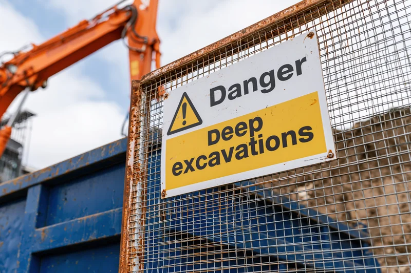 Danger deep excavations warning sign on metal fence at construction site with crane and blue container in background