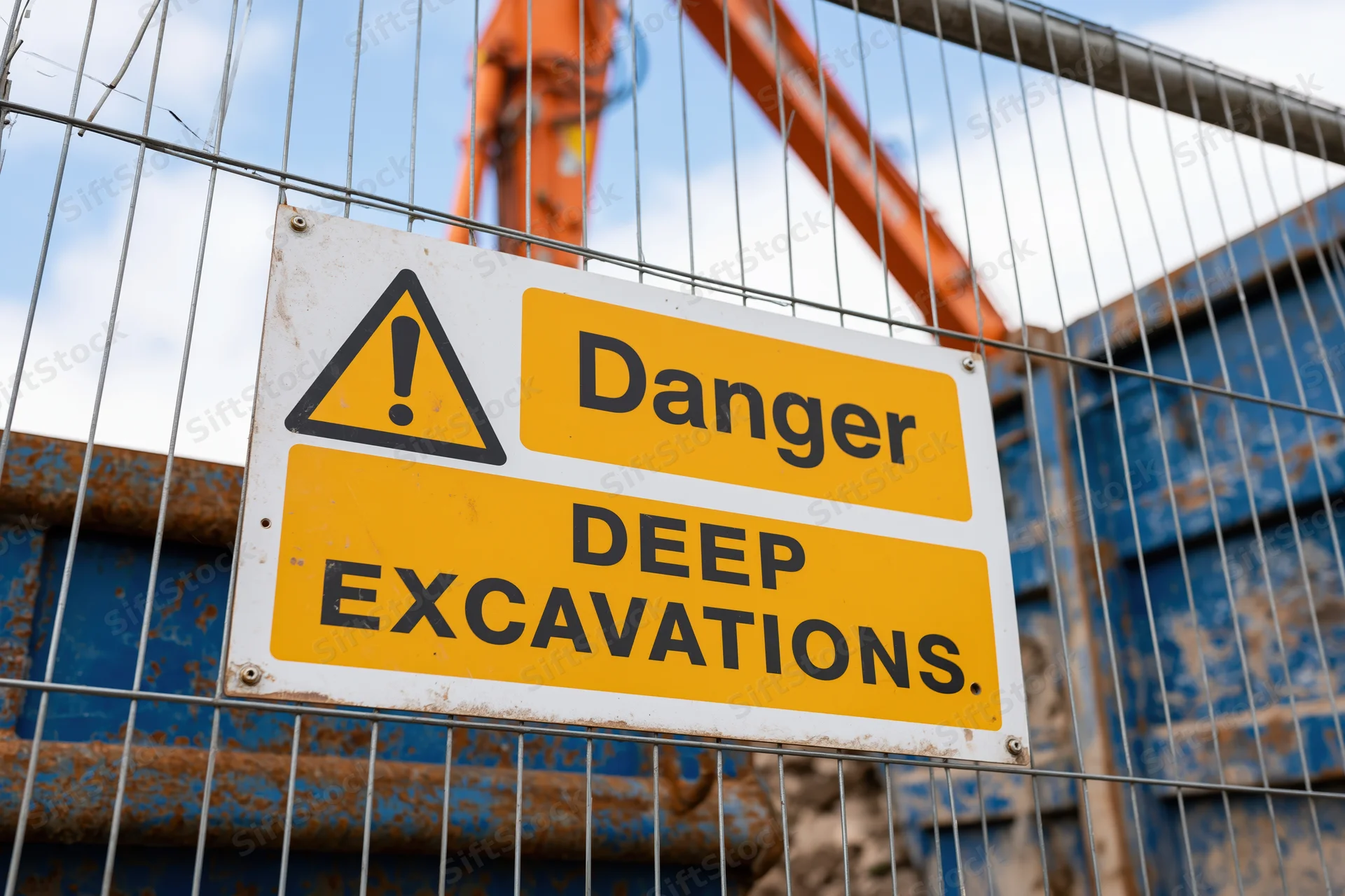 Danger deep excavations warning sign on metal fence at construction site