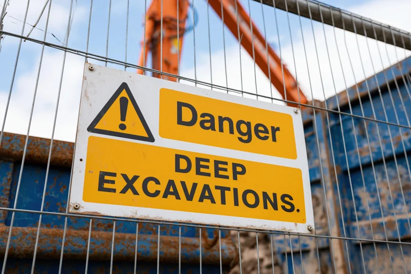Danger deep excavations warning sign on metal fence at construction site