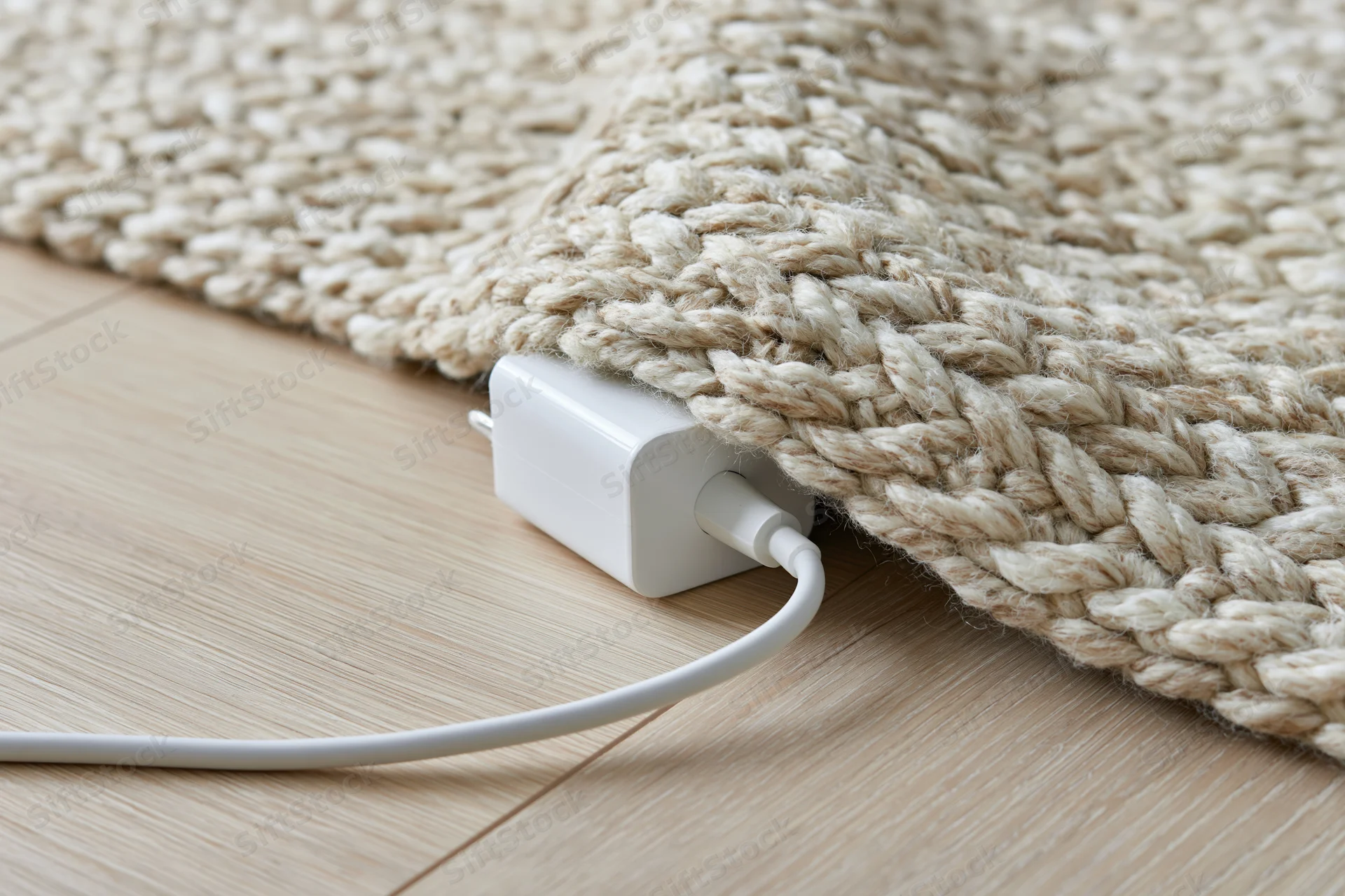 White power adapter and cable tucked under a woven rug on wooden floor