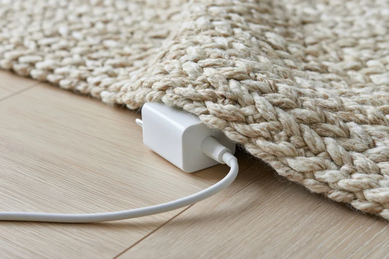 White power adapter and cable tucked under a woven rug on wooden floor