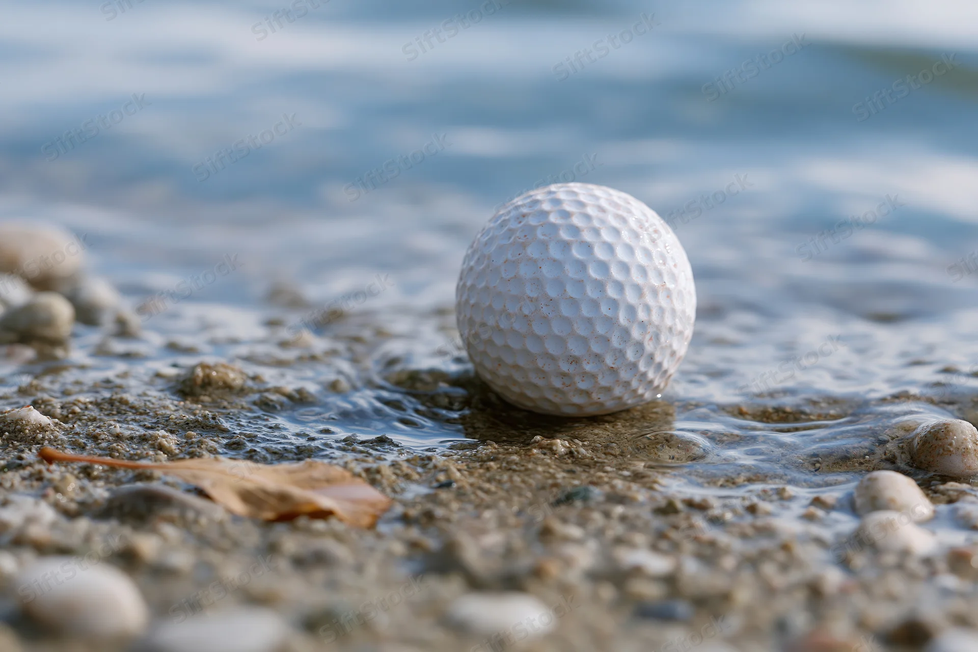White golf ball resting on wet sand near water at beach