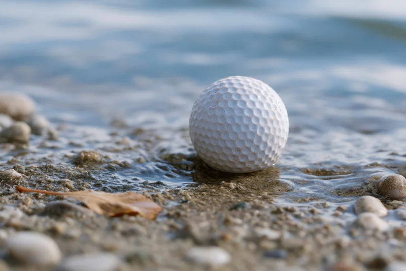 White golf ball resting on wet sand near water at beach