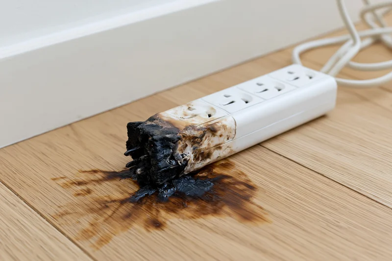 Burned power strip with melted plastic and charred residue on wooden floor