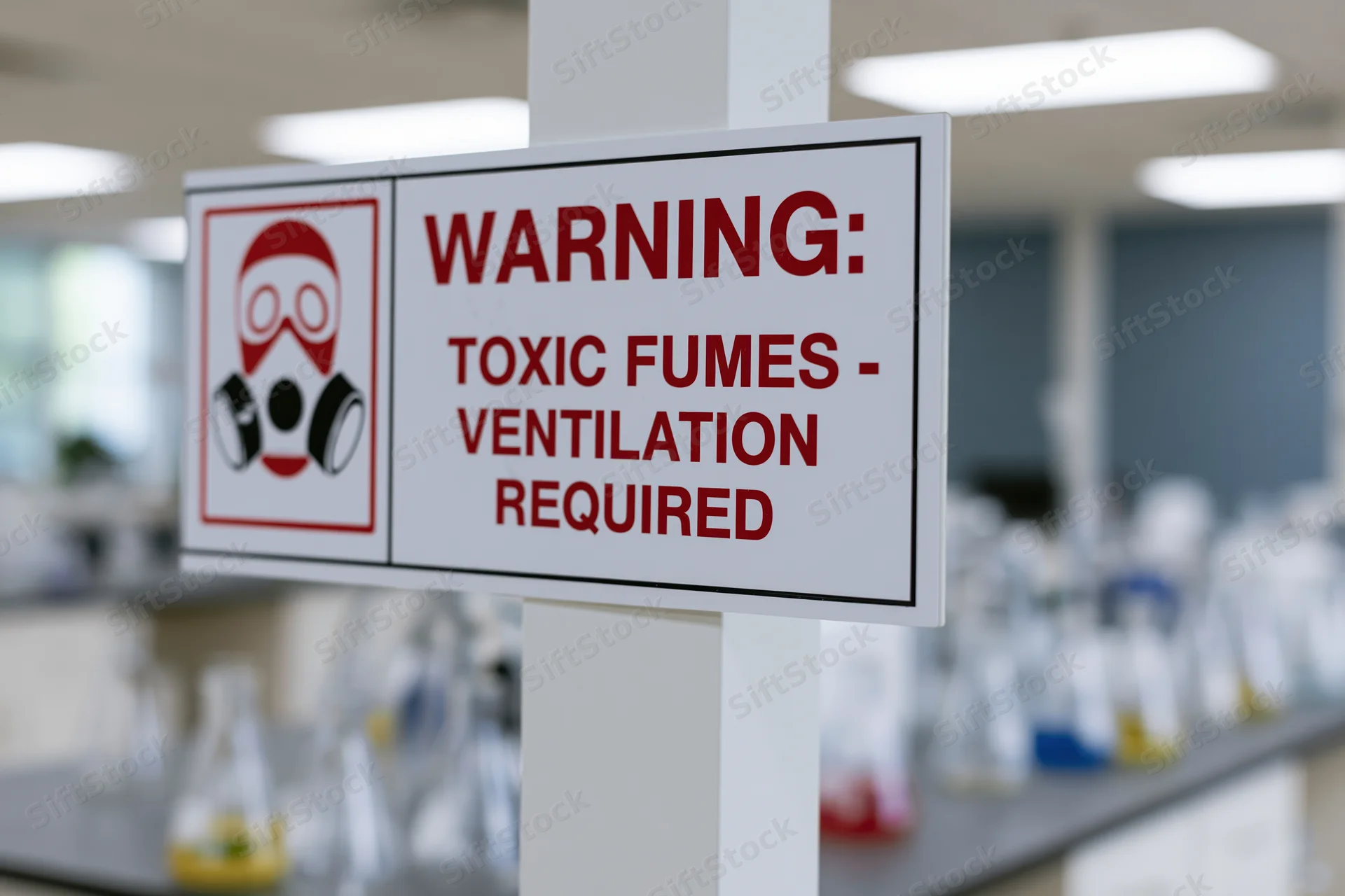 Warning sign for toxic fumes mounted on a laboratory column with glassware in the background