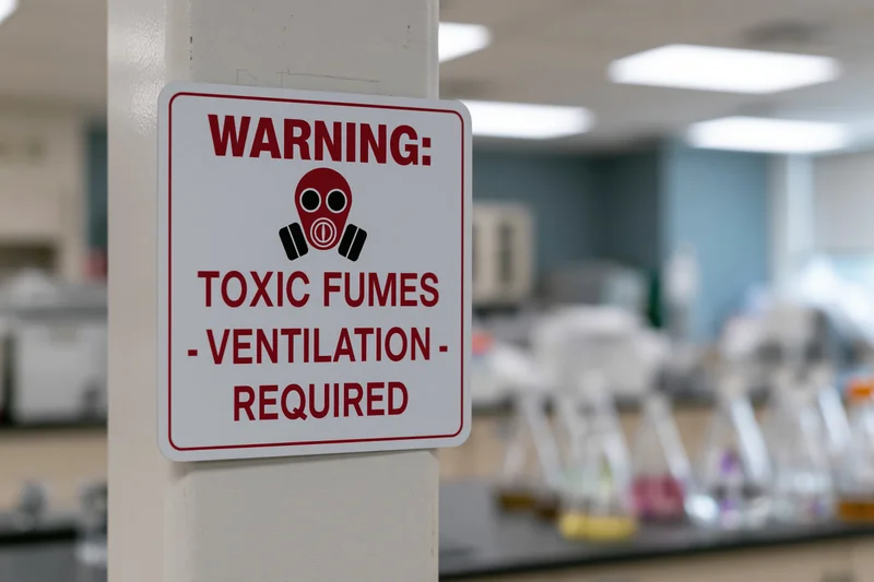Warning sign for toxic fumes mounted on a laboratory column with glassware in background