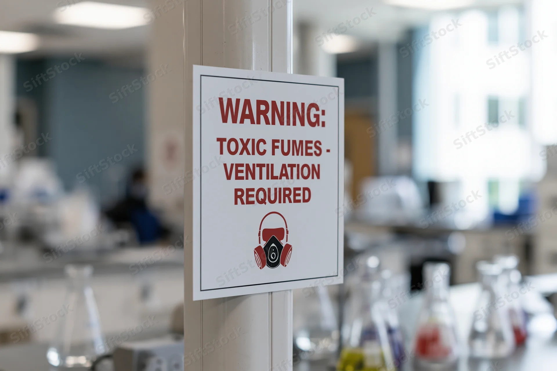 Warning sign for toxic fumes mounted on a laboratory column with glassware in background