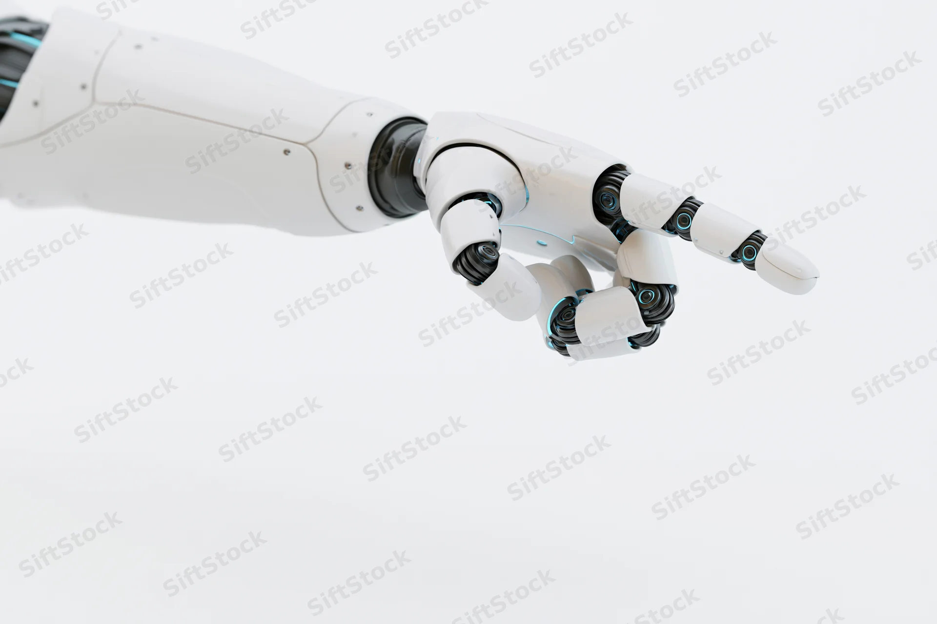 Robotic arm extending forward with one finger pointing against white background