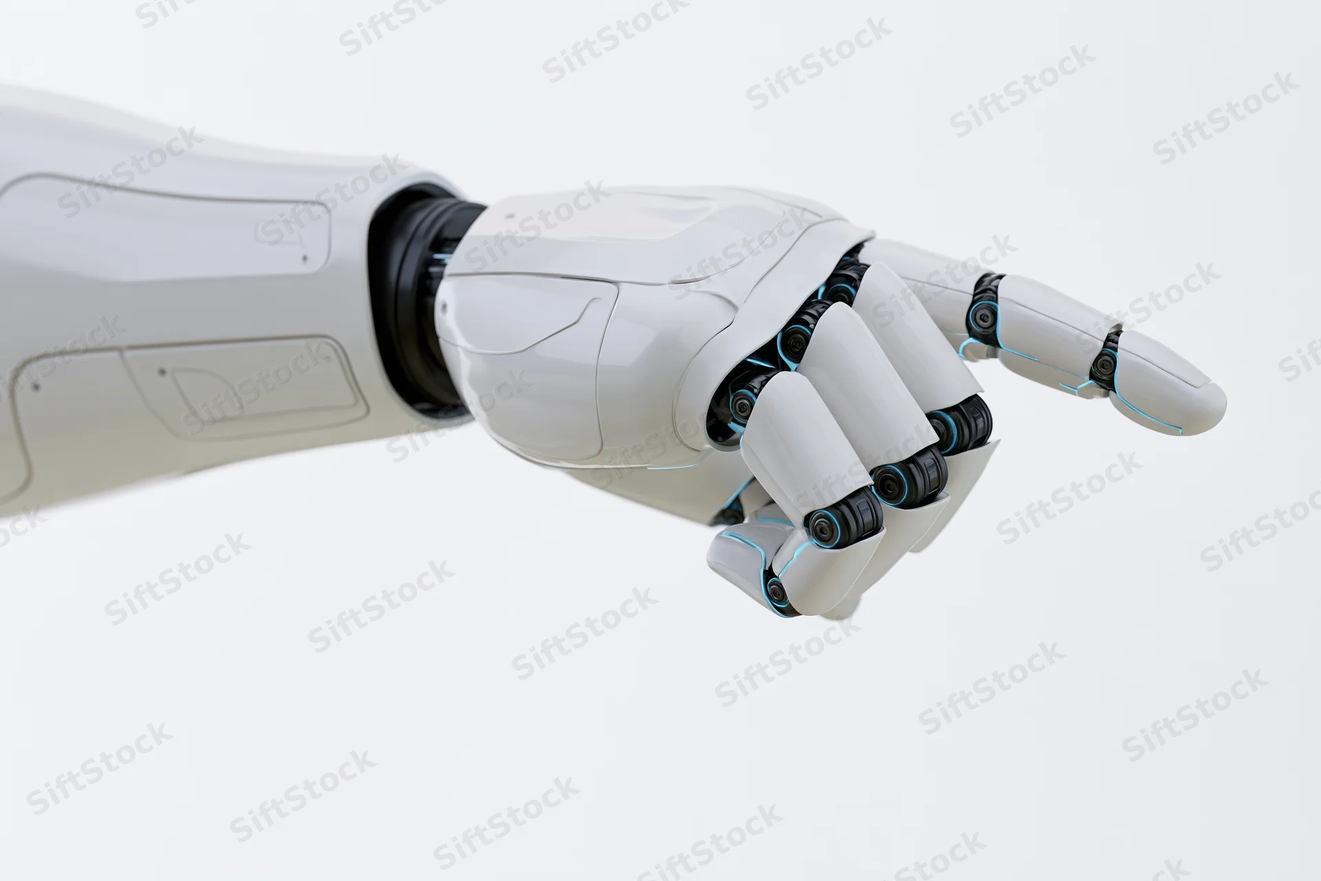 Robotic hand with extended index finger pointing forward against white background