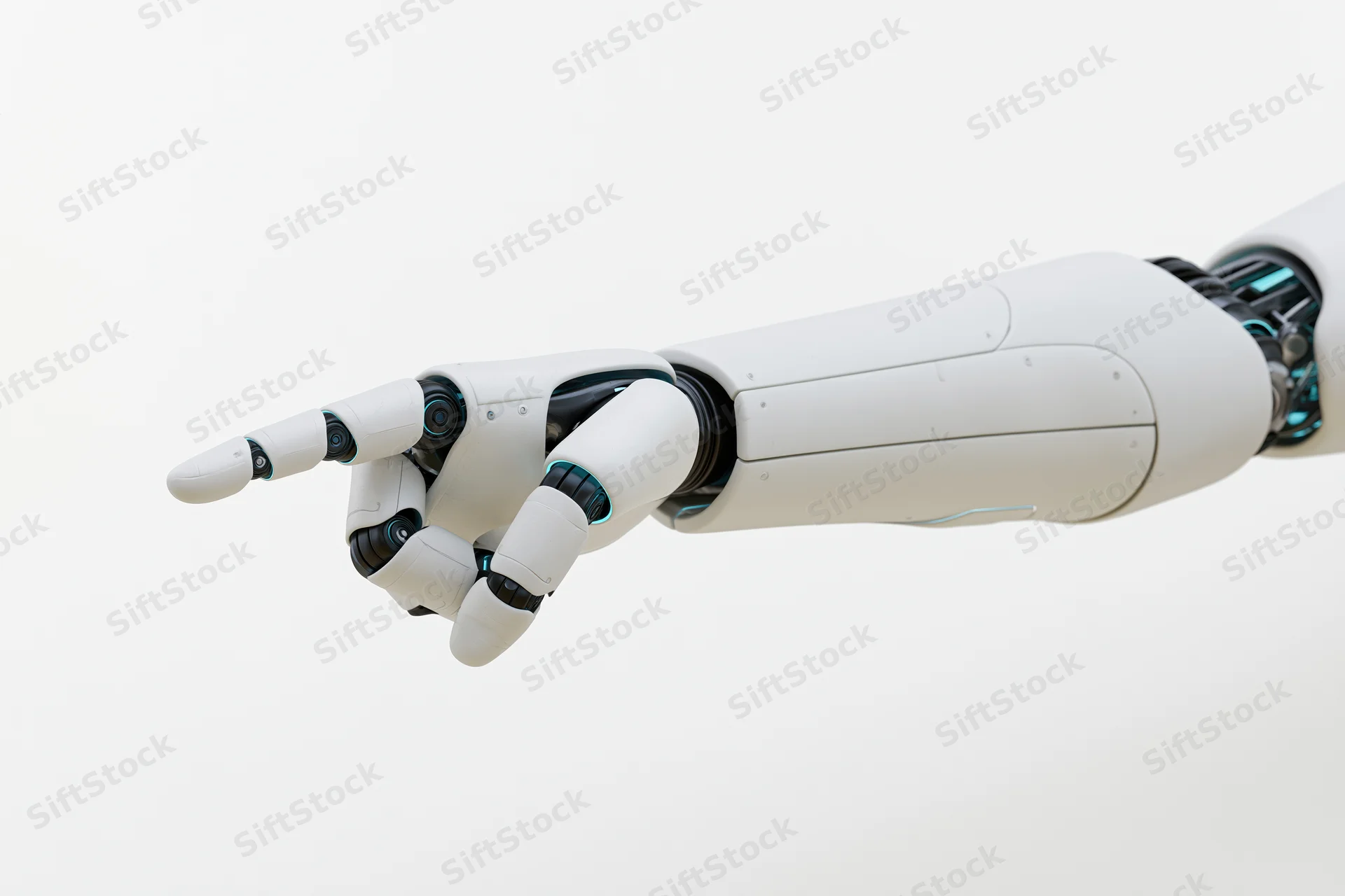 Robotic arm with extended finger pointing forward against white background