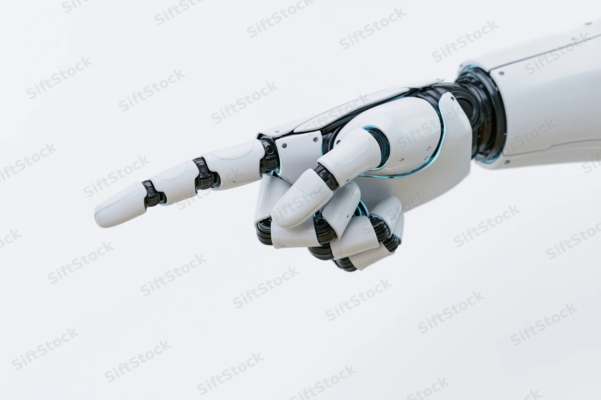 Robotic hand pointing forward against white background