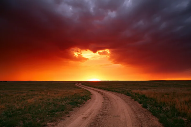 Winding dirt path through open grassland leading to sunset under stormy sky