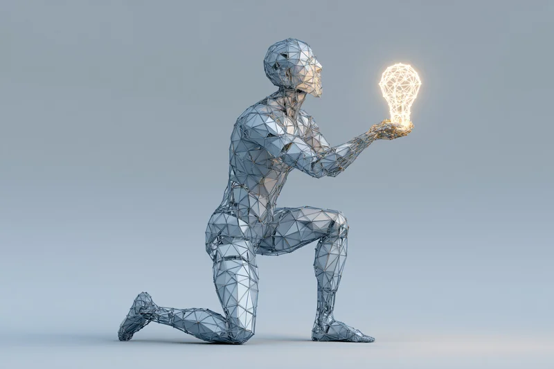 Wireframe humanoid kneeling and holding a glowing lightbulb against a plain background
