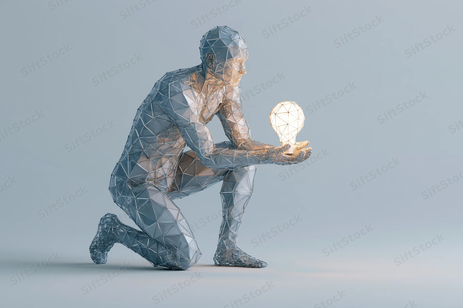 Wireframe humanoid kneeling and holding a glowing lightbulb against a plain background