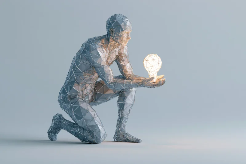 Wireframe humanoid kneeling and holding a glowing lightbulb against a plain background