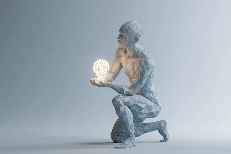 Wireframe humanoid kneeling and holding a glowing lightbulb in a minimalist space
