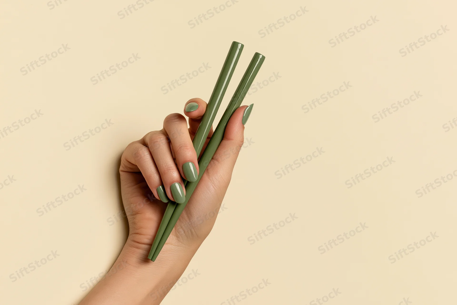 Woman's hand holding green chopsticks against beige background