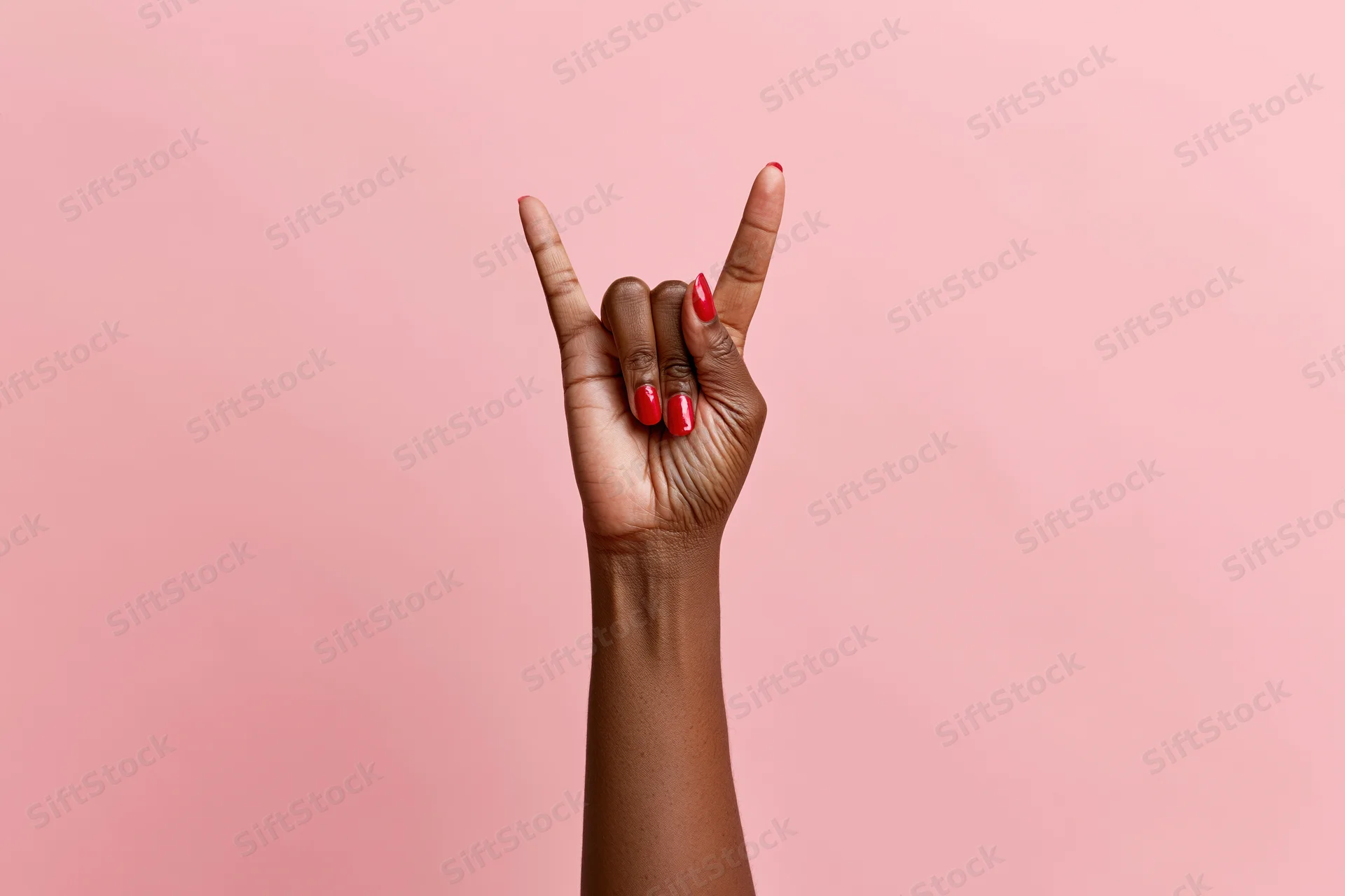 Woman's hand making rock sign gesture against pink studio backdrop