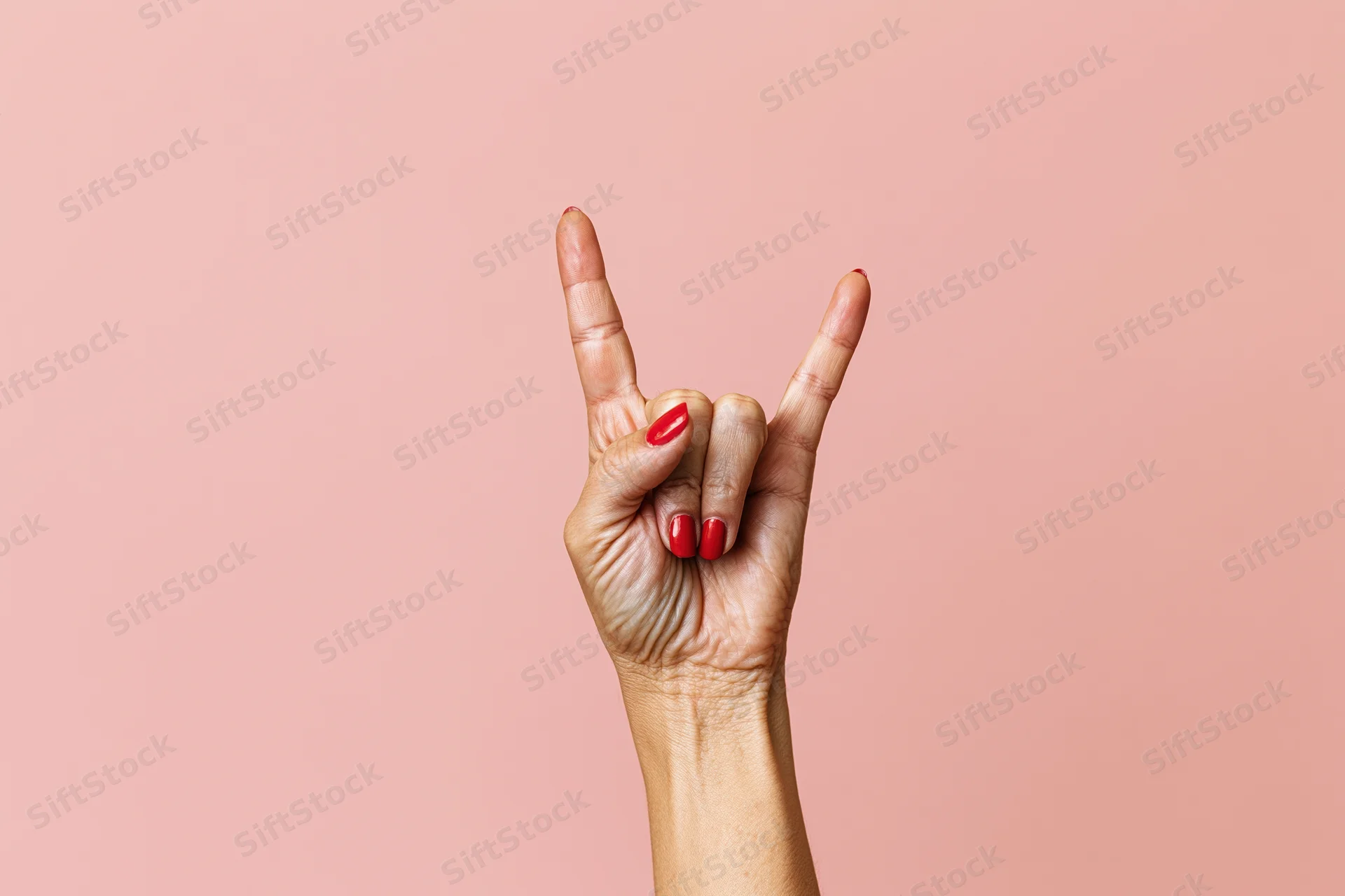 Woman's hand making rock sign gesture against pink studio backdrop