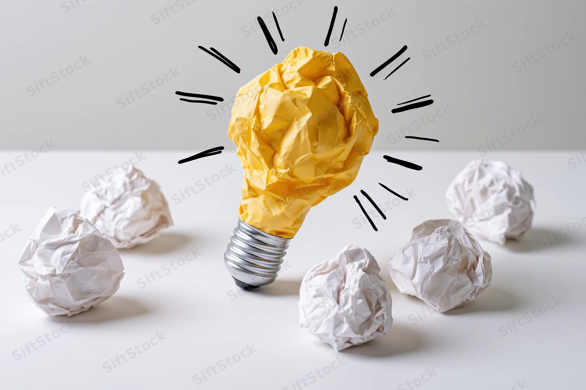 Yellow crumpled paper shaped as a glowing lightbulb surrounded by white paper balls on a white surface