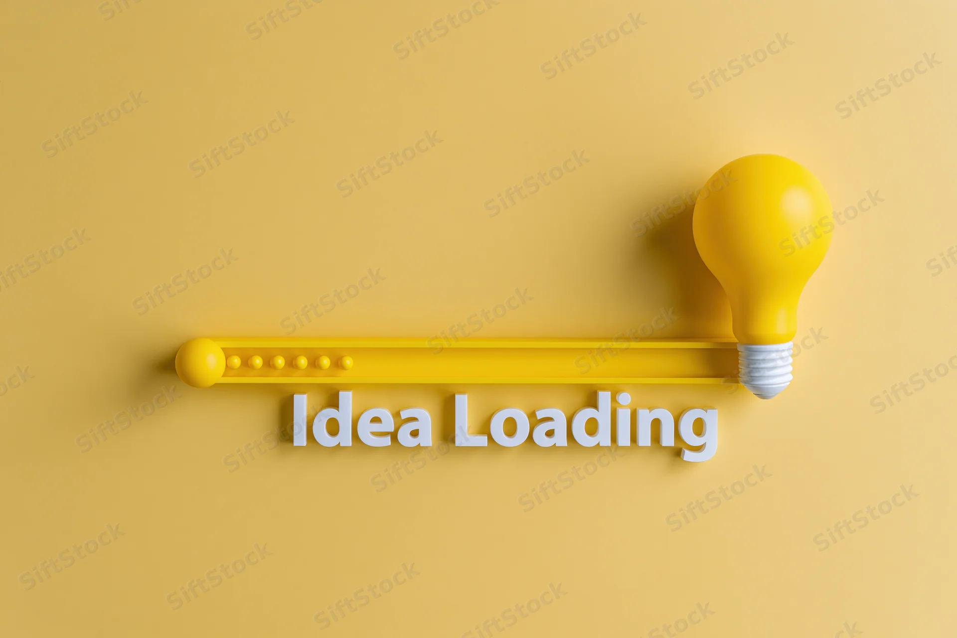 Yellow lightbulb beside horizontal progress bar with idea loading text on plain background