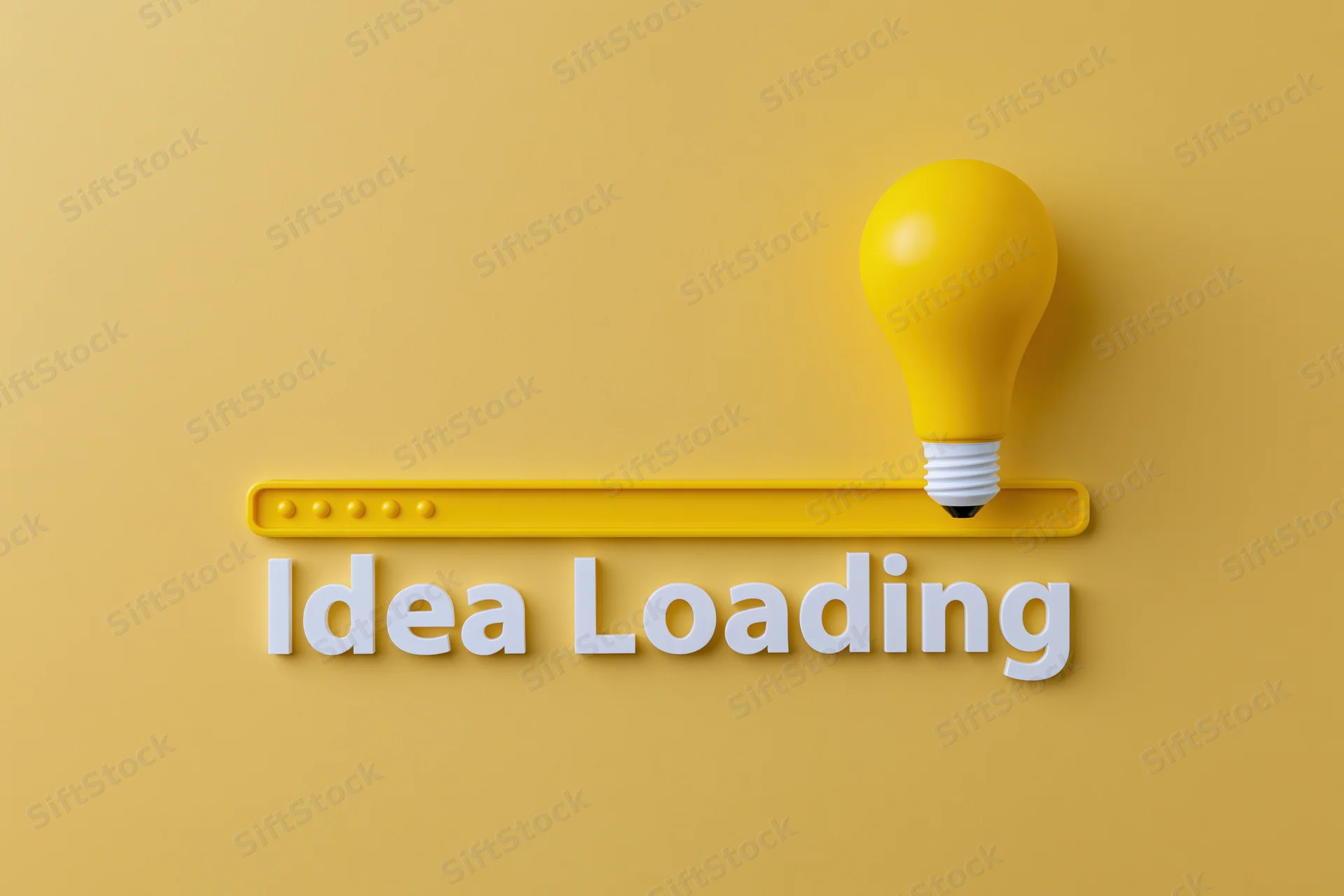 Yellow lightbulb beside horizontal loading progress bar with idea loading text