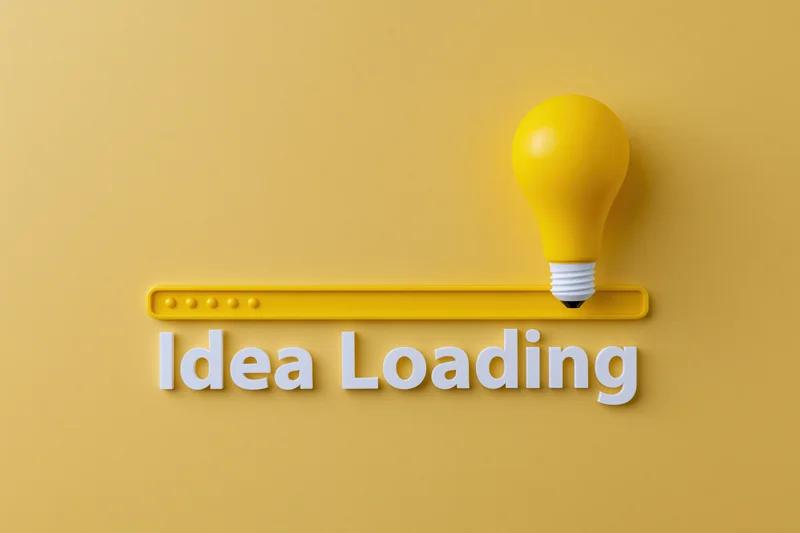 Yellow lightbulb beside horizontal loading progress bar with idea loading text