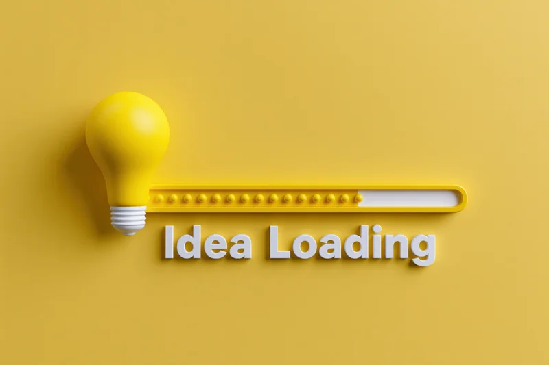 Yellow lightbulb beside horizontal loading bar with idea loading text on yellow background