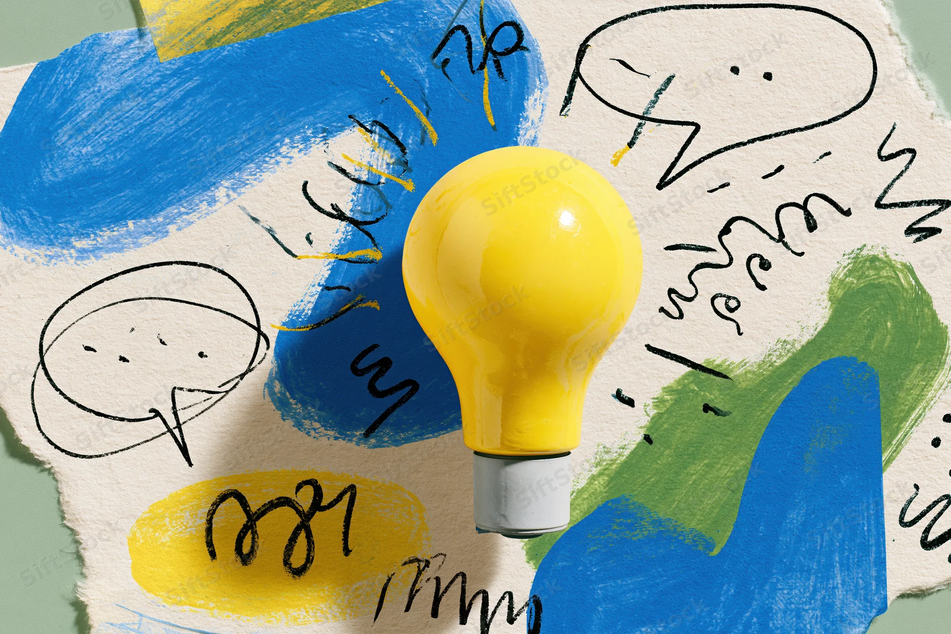 Yellow lightbulb centered on torn paper with colorful sketches and speech bubbles