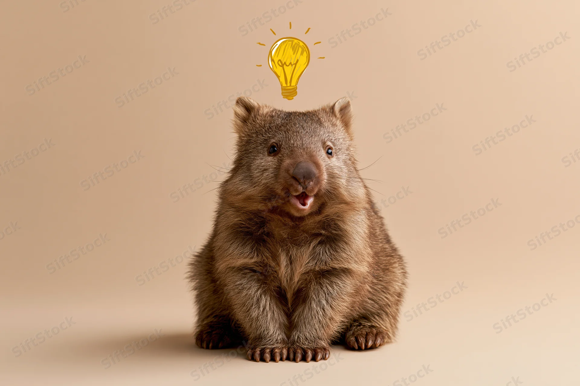 Young wombat sitting upright facing forward with open mouth and cartoon lightbulb above its head on beige background