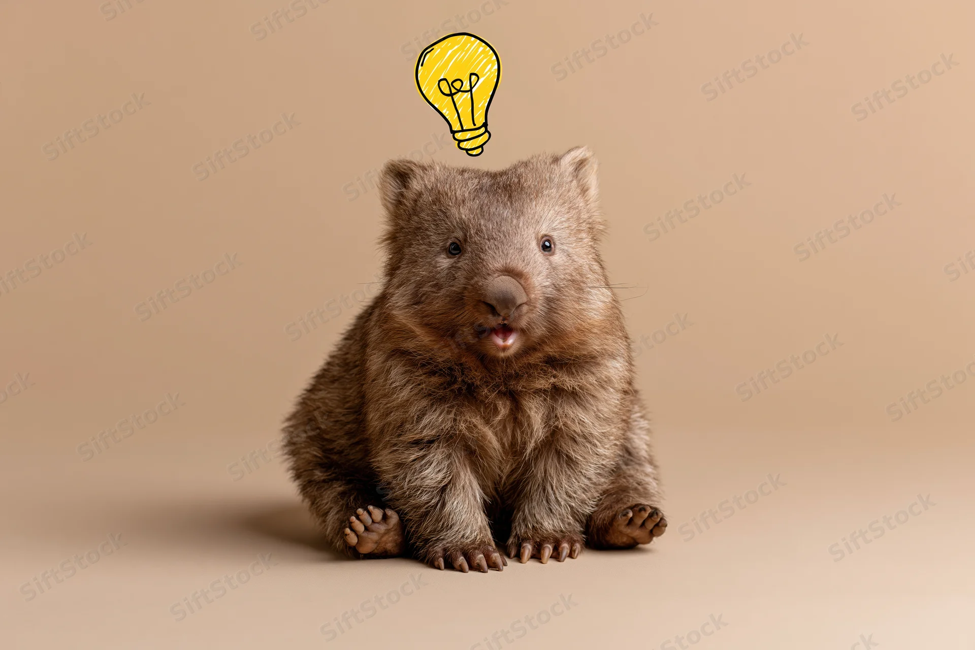 Young wombat sitting upright facing forward with open mouth and drawn lightbulb above head on beige background