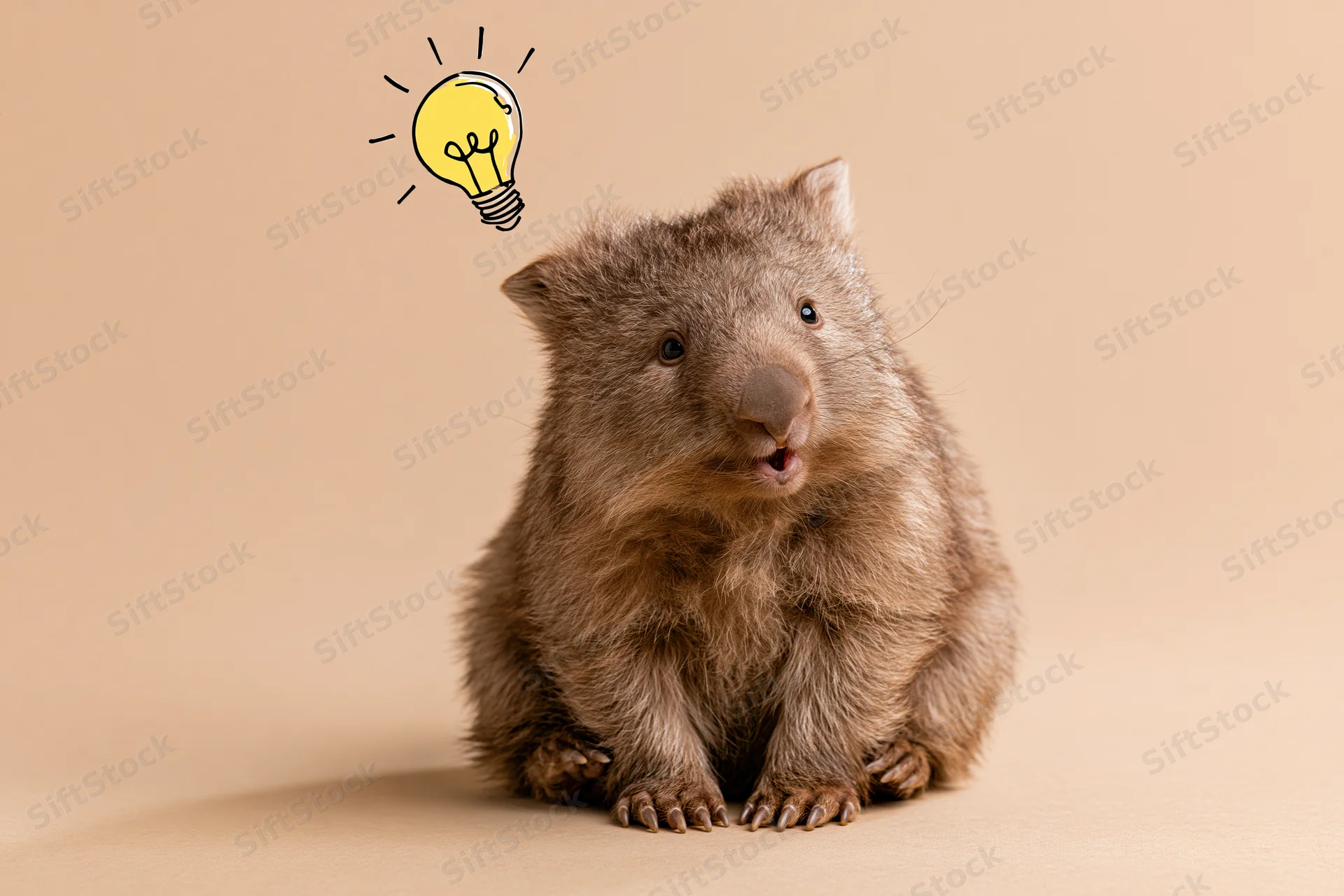 Young wombat sitting upright with open mouth and cartoon lightbulb above its head on beige background
