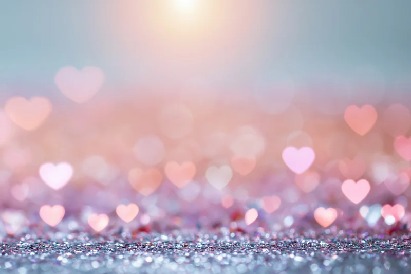 Heart-shaped bokeh lights over glittery surface with soft focus background