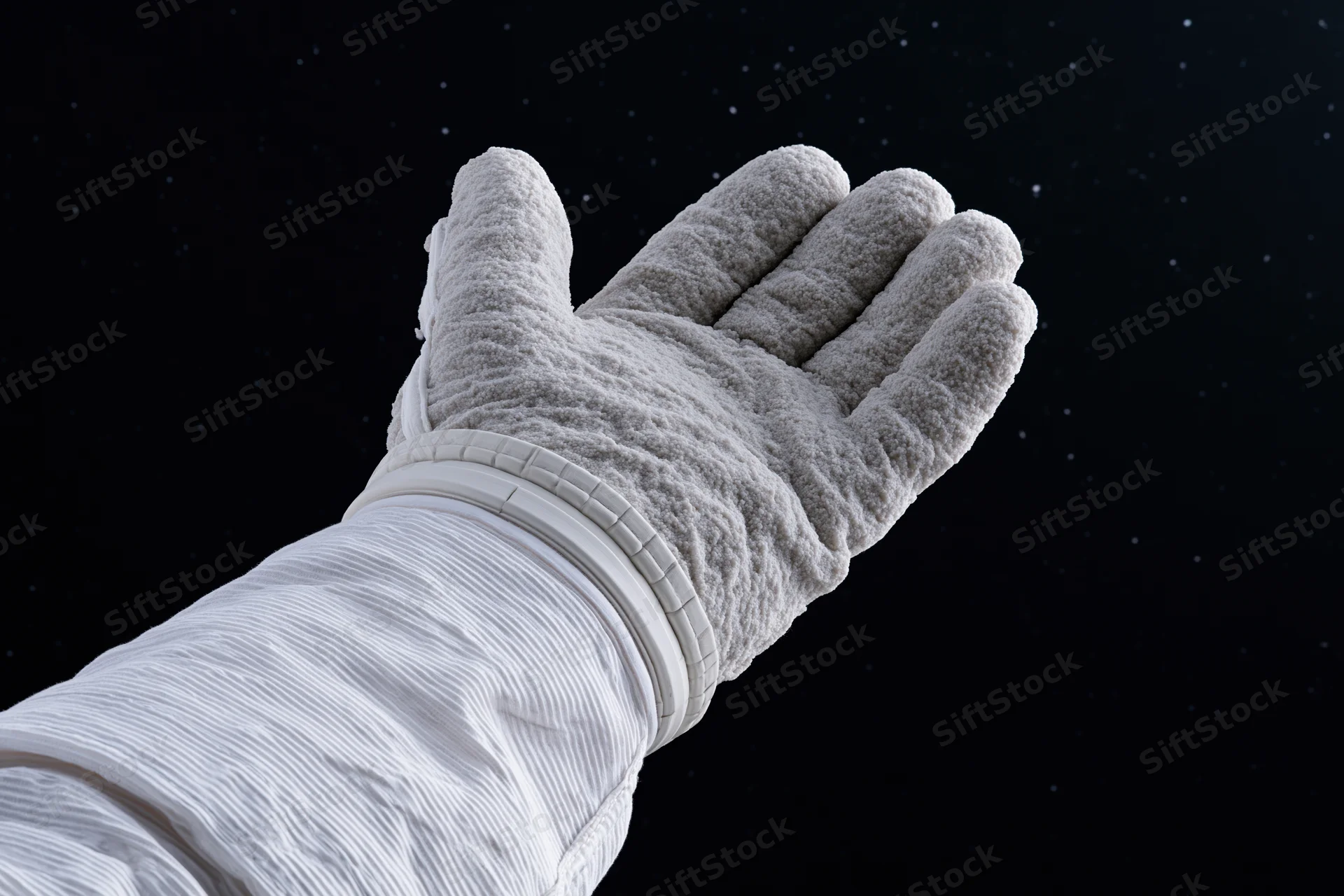 Astronaut's gloved hand extended palm-up against starry space background