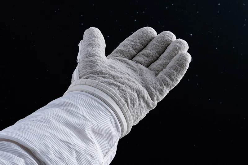 Astronaut's gloved hand extended palm-up against starry space background