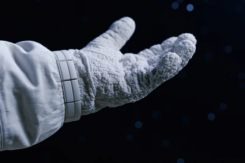 Astronaut's gloved hand extended palm-up against dark starry space background
