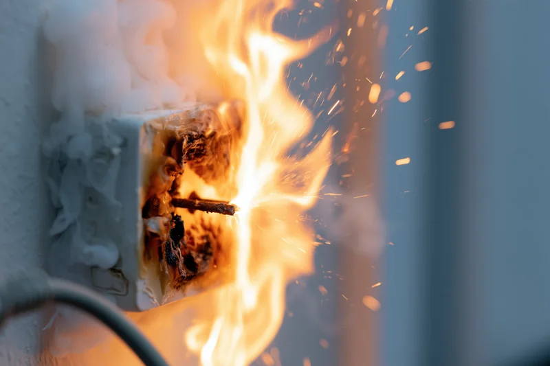 Burning electrical outlet with flames and sparks on a wall