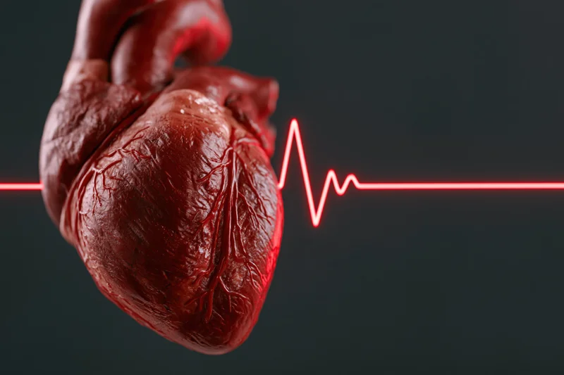 Anatomical human heart model with red heartbeat waveform against dark background