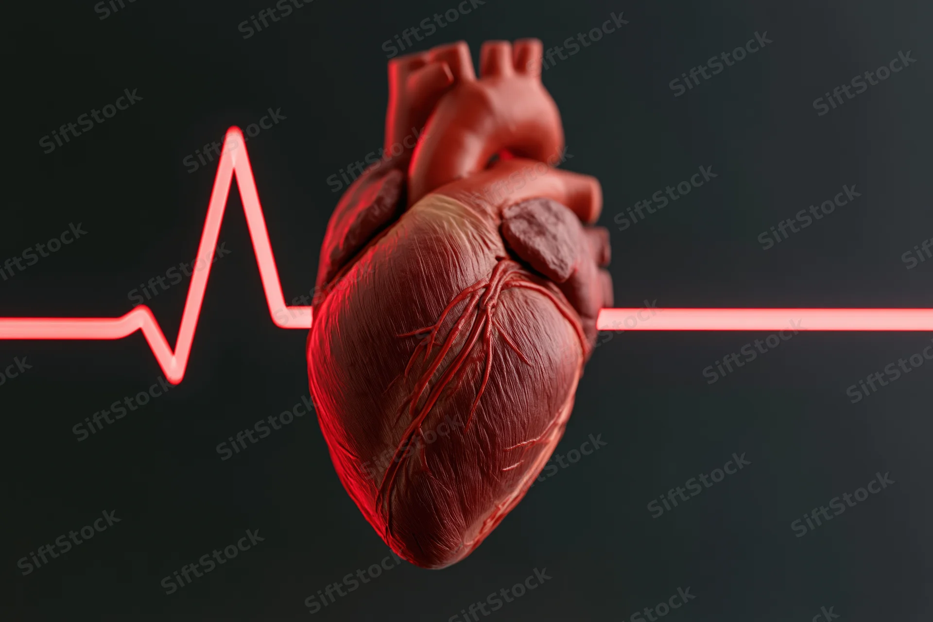 Anatomical human heart model with glowing red heartbeat line against dark background