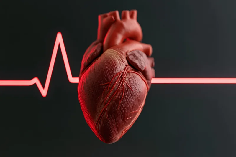 Anatomical human heart model with glowing red heartbeat line against dark background