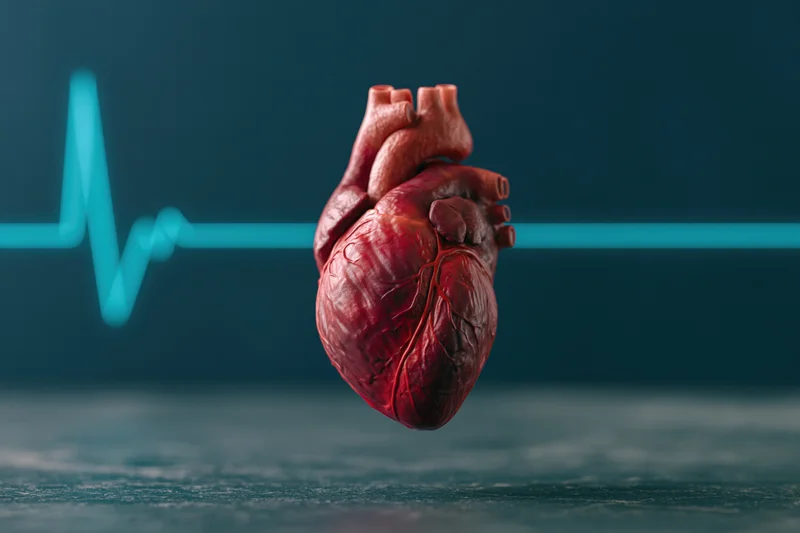 Anatomical human heart floating in front of a blue electrocardiogram line against a dark background