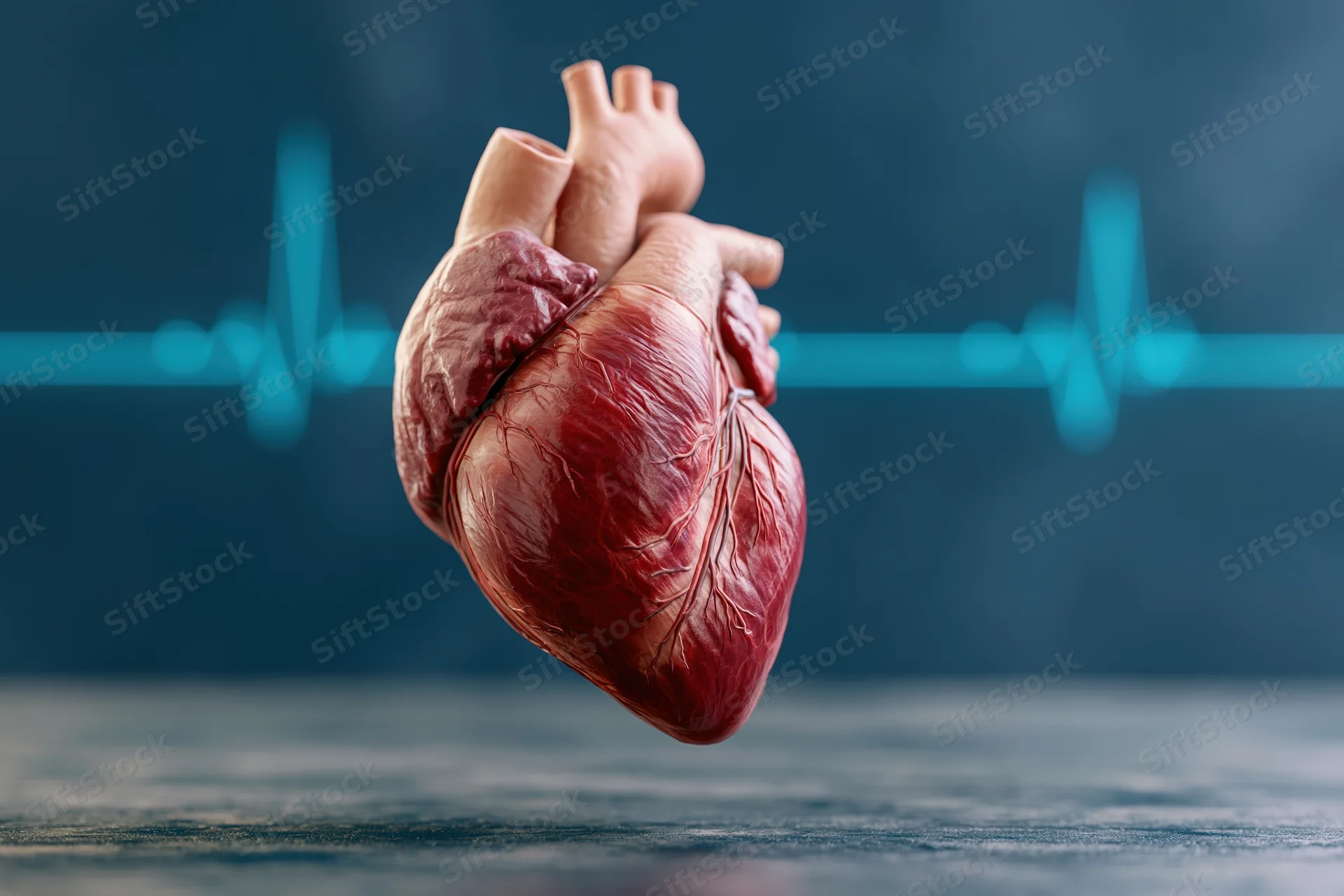 Anatomical human heart model floating in front of a blue electrocardiogram line against a dark background