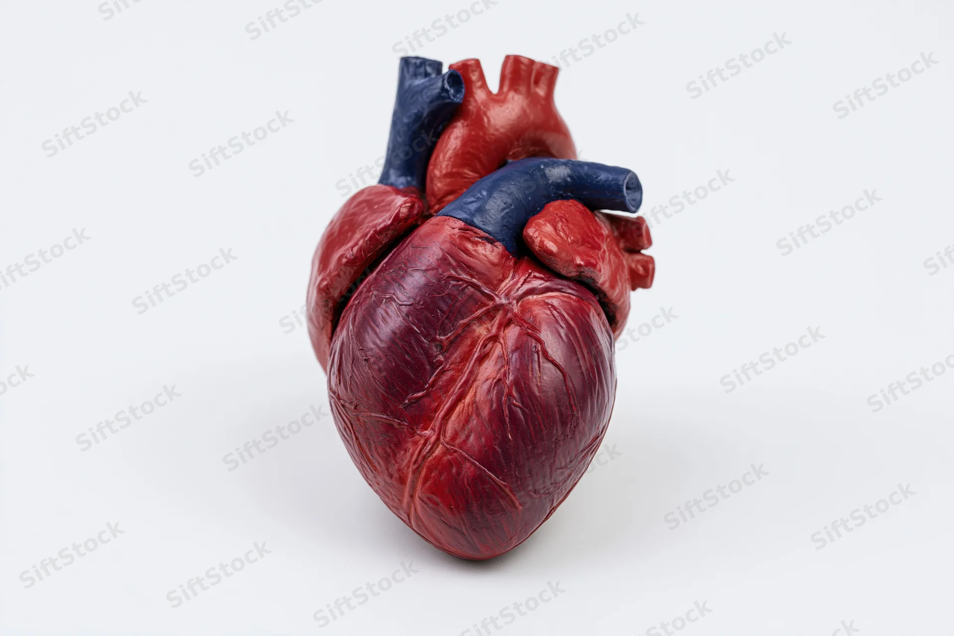 Anatomical human heart model on plain white background